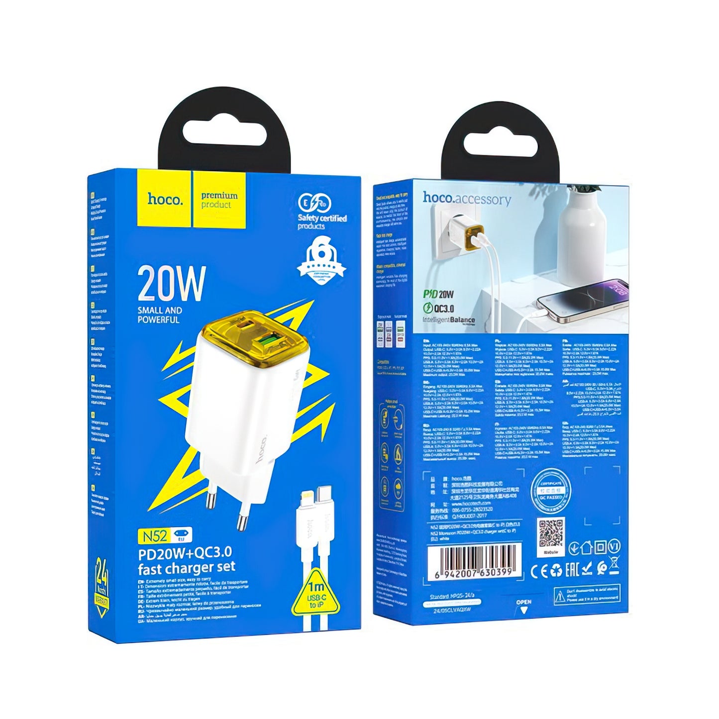 Nätverksladdare med Lightning-kabel HOCO N52, 20W, 3A, 1 x USB-A - 1 x USB-C, Vit