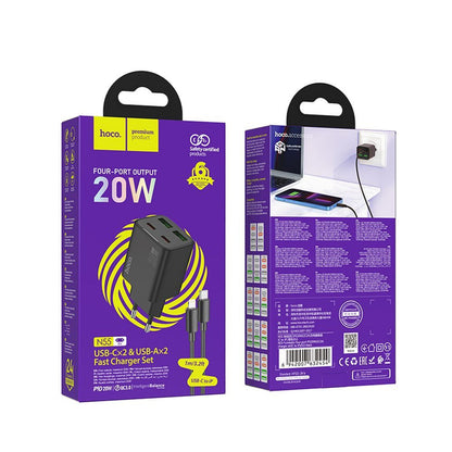 Nätverksladdare med Lightning-kabel HOCO N55, 20W, 3A, 2 x USB-A - 2 x USB-C, Svart