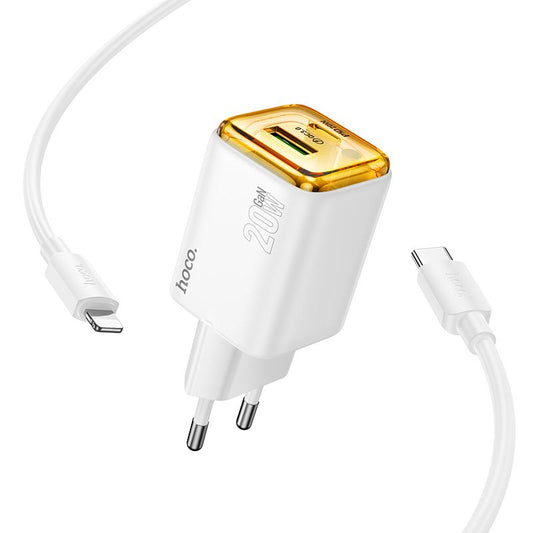 Nätverksladdare med USB-C-kabel HOCO N52, 20W, 3A, 1 x USB-A - 1 x USB-C, Vit