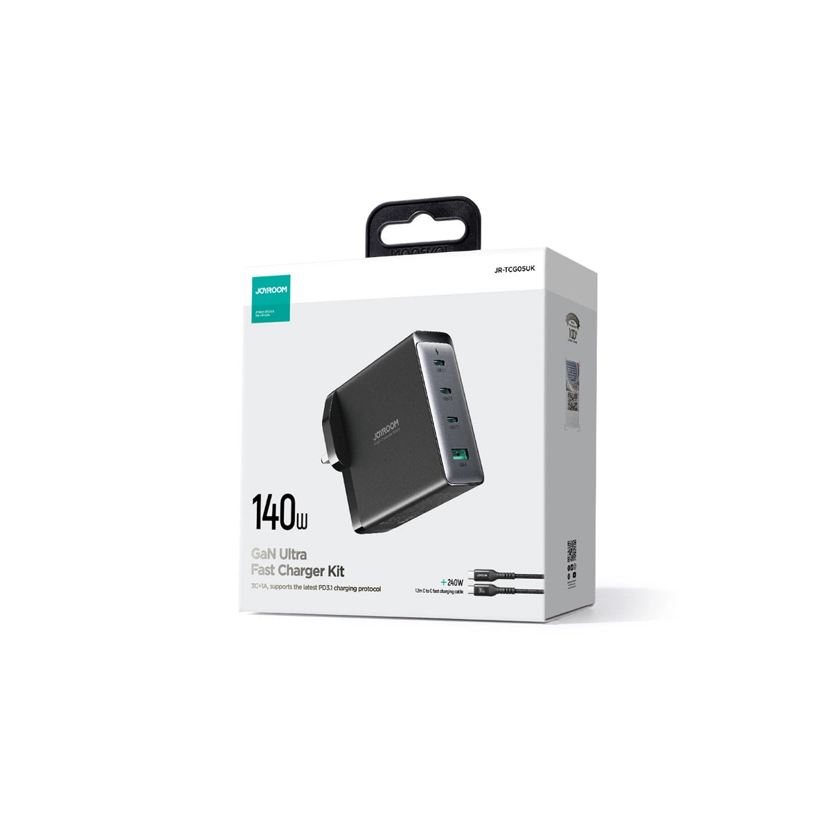 Nätverksladdare med USB-C-kabel Joyroom JR-TCG05UK, 140W, 5A, 1 x USB-A - 3 x USB-C, UK, Svart