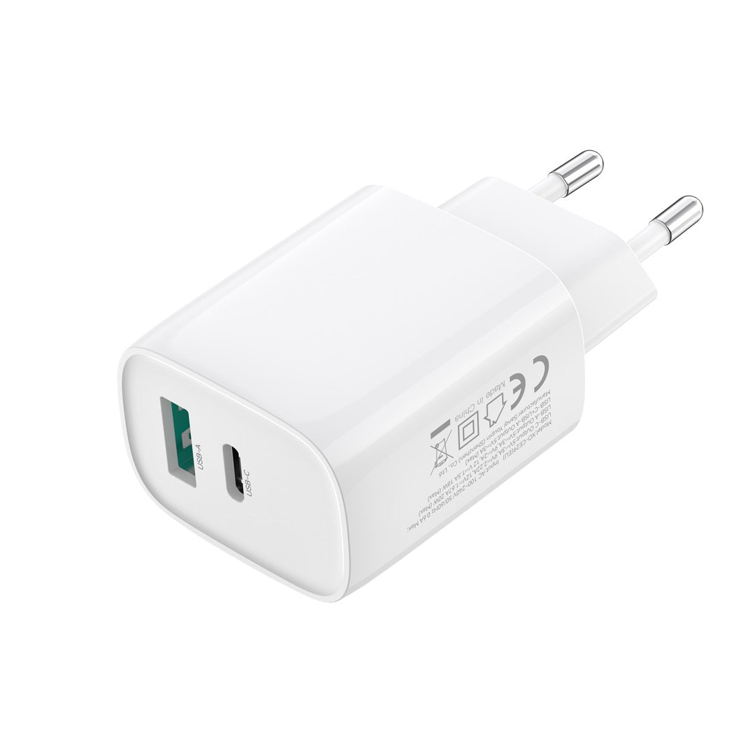 Nätverksladdare med USB-C-kabel XO Design CE29, 20W, 3A, 1 x USB-A - 1 x USB-C, Vit