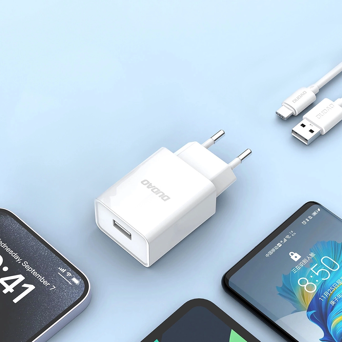 Nätverksladdare med USB-C-kabel Dudao A4EU, 10W, 2.1A, 1 x USB-A, Vit