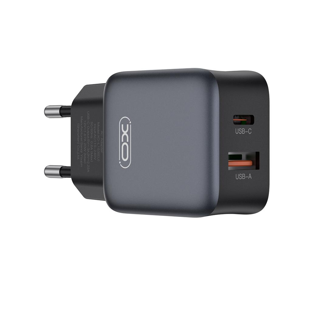 Nätverksladdare med Lightning-kabel XO Design L156, 30W, 3A, 1 x USB-A - 1 x USB-C, Svart