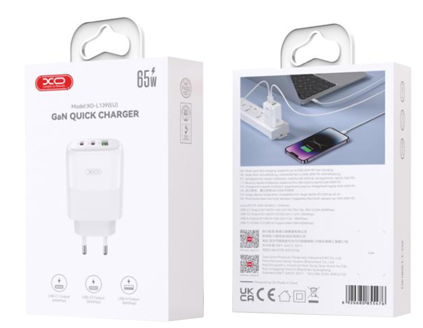 Nätverksladdare med USB-C-kabel XO Design L139, 65W, 4.5A, 1 x USB-A - 2 x USB-C, Vit