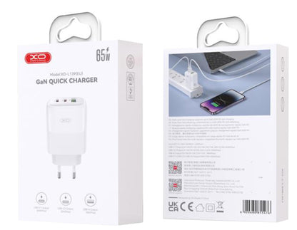 Nätverksladdare med USB-C-kabel XO Design L139, 65W, 4.5A, 1 x USB-A - 2 x USB-C, Vit