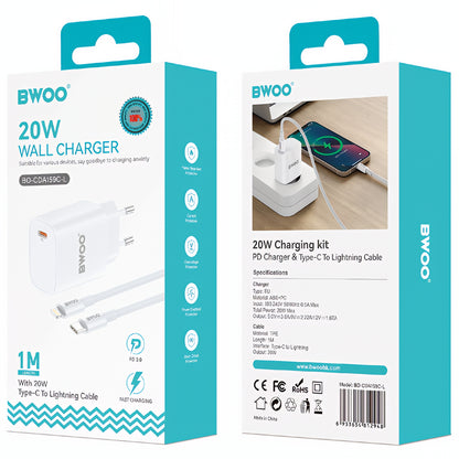 Network Charger with Lightning Cable BWOO CDA159, 20W, 3A, 1 x USB-C, White