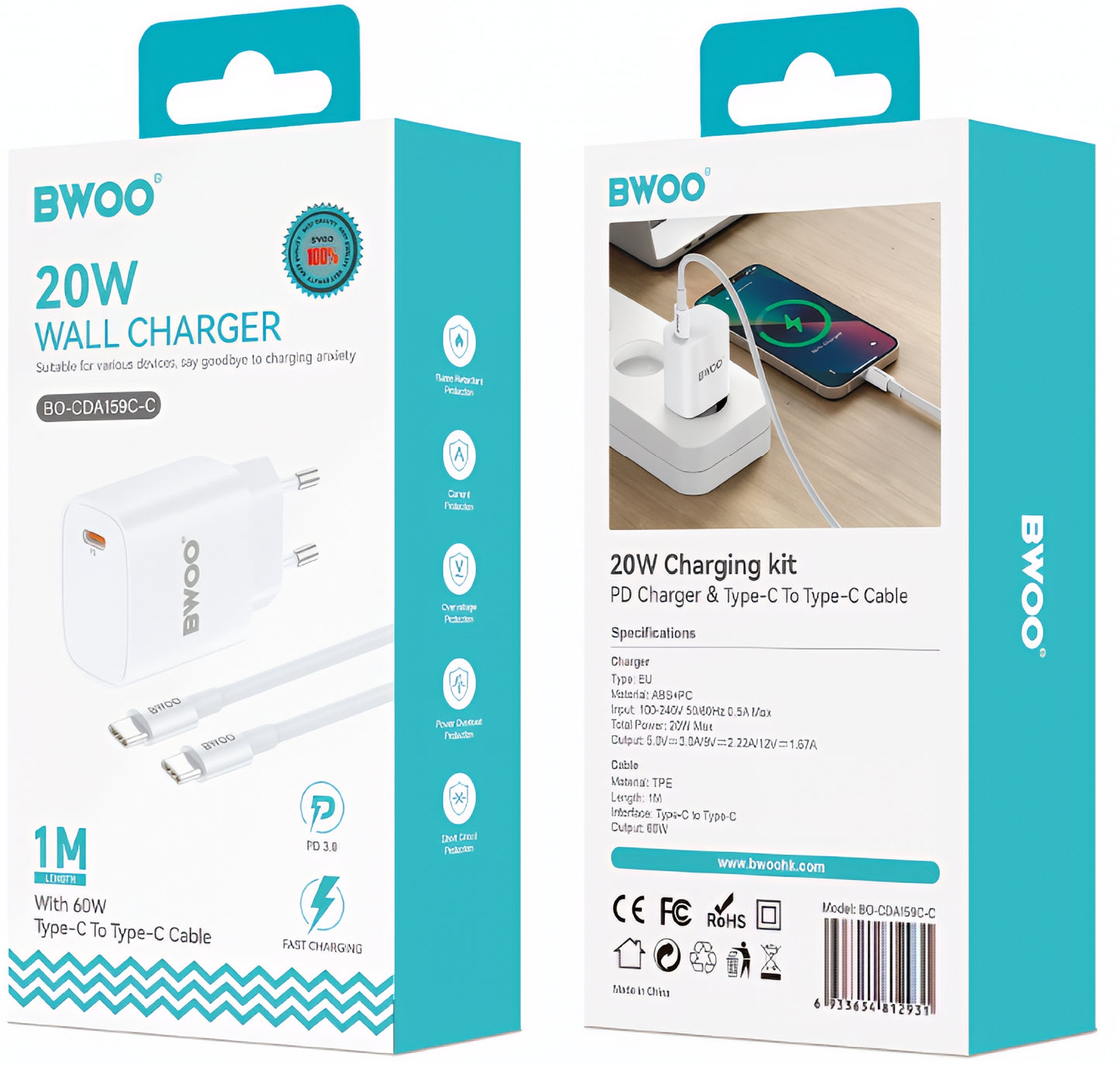 Nätverksladdare med USB-C-kabel BWOO CDA159, 20W, 3A, 1 x USB-C, Vit