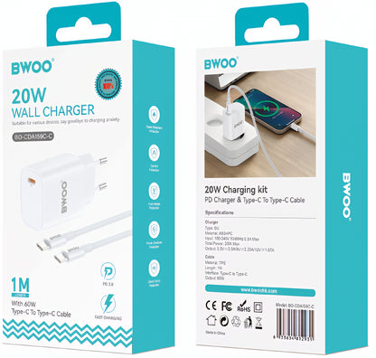 Nätverksladdare med USB-C-kabel BWOO CDA159, 20W, 3A, 1 x USB-C, Vit