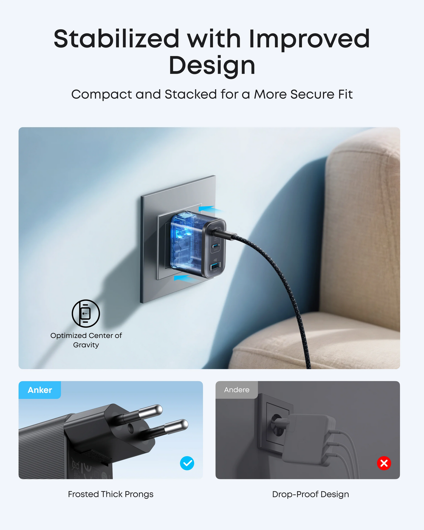 Nätverksladdare med USB-C-kabel Anker Nano, 70W, 3.5A, 1 x USB-A - 2 x USB-C, Grå B121A311