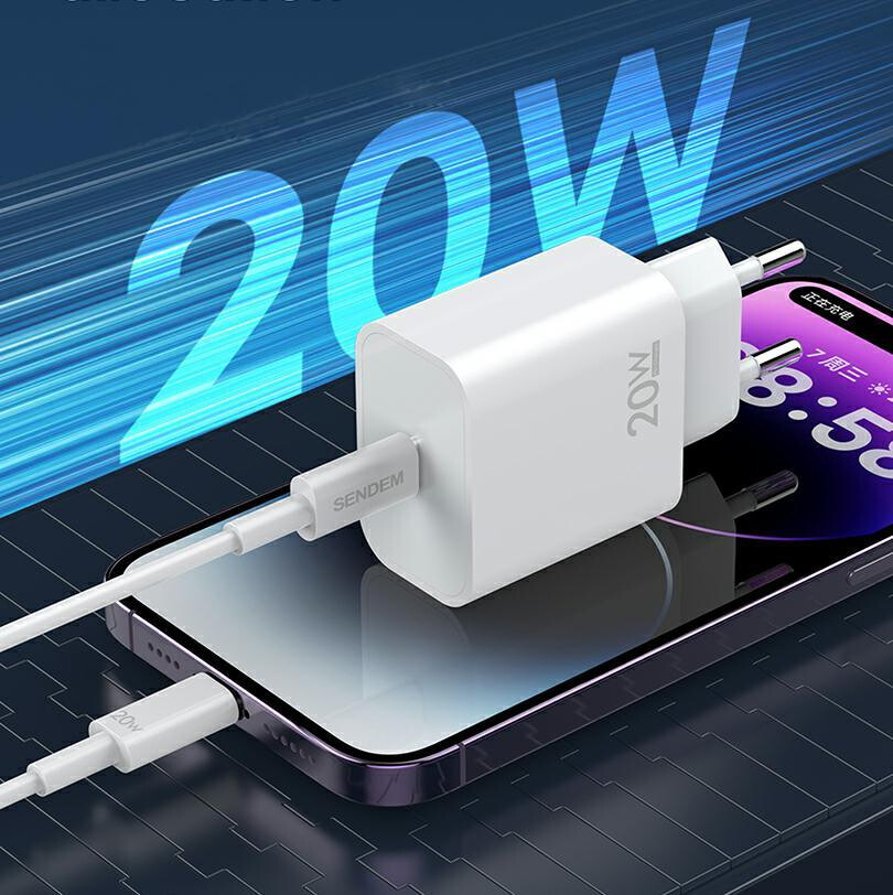 Nätadapter med USB-C-kabel Sendem OG73, 20W, 3A, 1 x USB-C, Vit