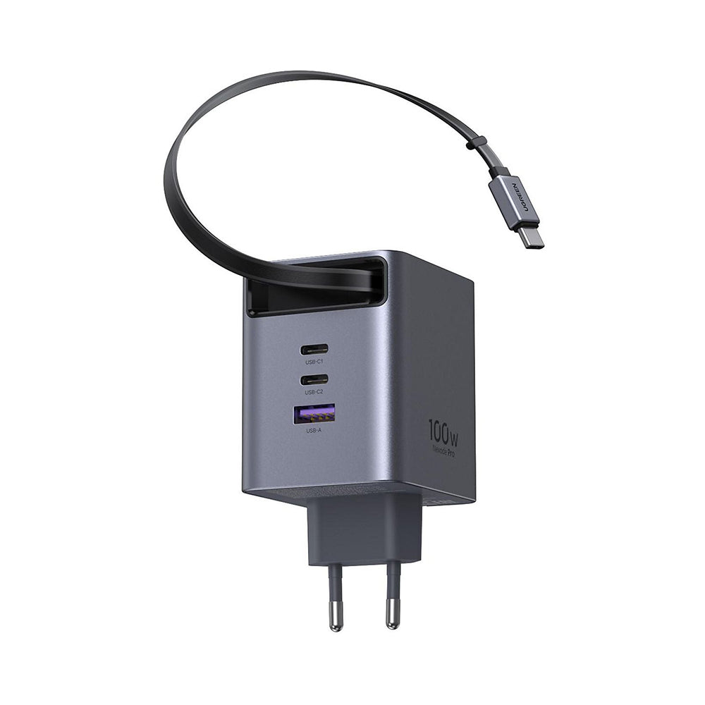 Nätadapter med USB-C-kabel UGREEN X616 (65828), 100W, 5A, 1 x USB-A - 3 x USB-C, Grå