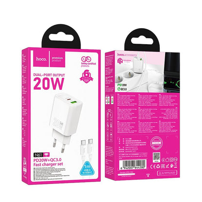 Network Charger with USB-C Cable HOCO N61, 20W, 3A, 1 x USB-A - 1 x USB-C, White