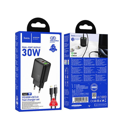 Nätverksladdare med Lightning-kabel HOCO N63, 30W, 3A, 1 x USB-A - 1 x USB-C, Svart