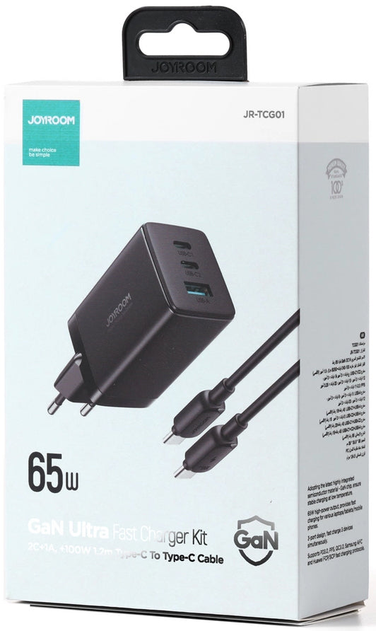 Nätverksladdare med USB-C-kabel Joyroom TCG01, 65W, 3.25A, 1 x USB-A - 2 x USB-C, Svart