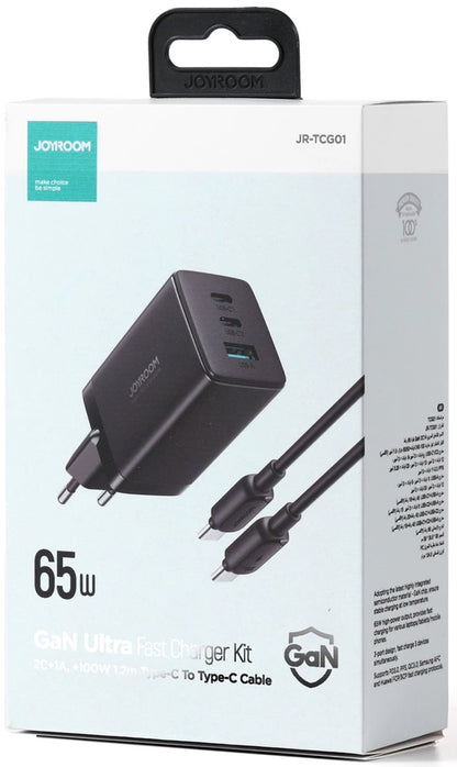 Nätverksladdare med USB-C-kabel Joyroom TCG01, 65W, 3.25A, 1 x USB-A - 2 x USB-C, Svart