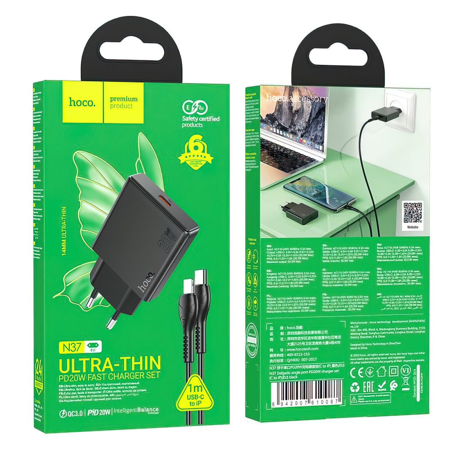 Nätverksladdare med Lightning-kabel HOCO N37, 30W, 3A, 1 x USB-C, Svart