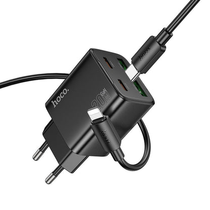 Nätverksladdare med Lightning-kabel HOCO N55, 20W, 3A, 2 x USB-A - 2 x USB-C, Svart