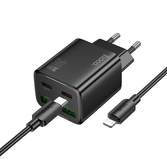 Nätverksladdare med Lightning-kabel HOCO N56, 30W, 3A, 2 x USB-A - 2 x USB-C, Svart