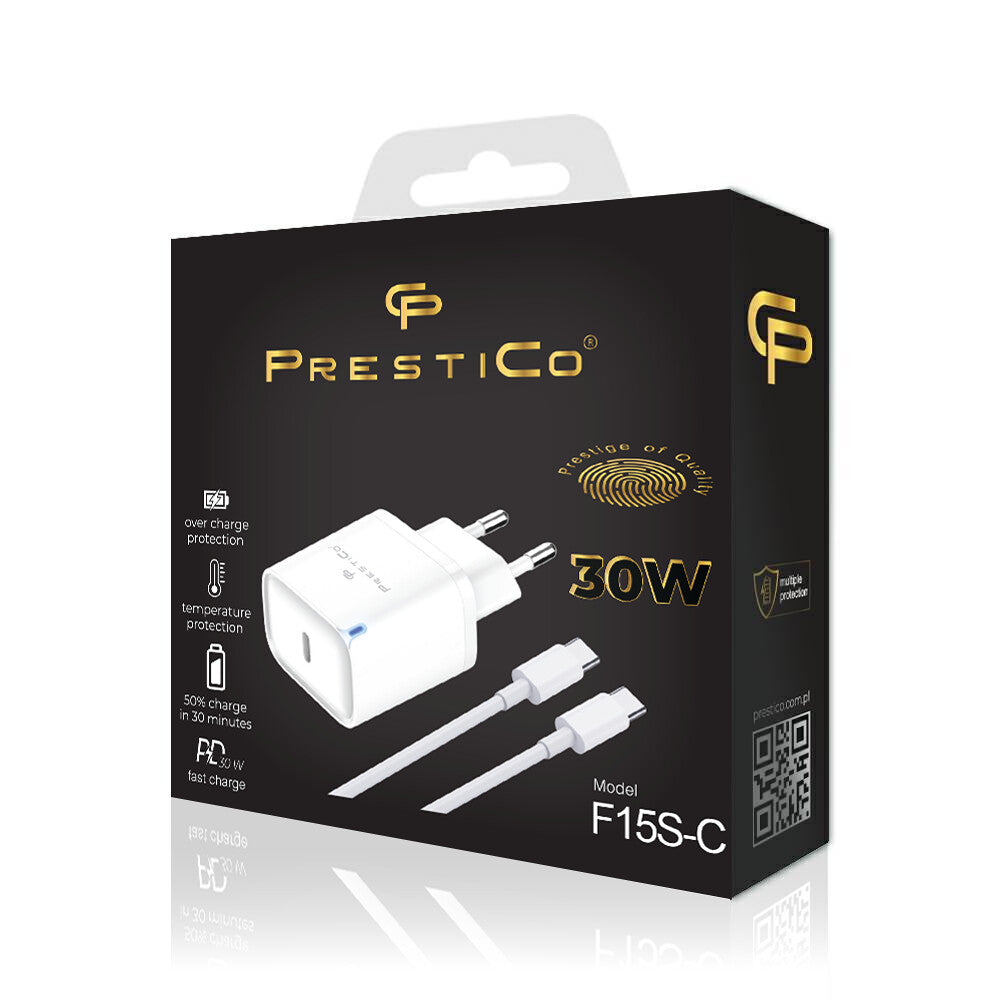 Nätverksladdare med USB-C-kabel Prestico F15S-C, 30W, 3A, 1 x USB-C, Vit