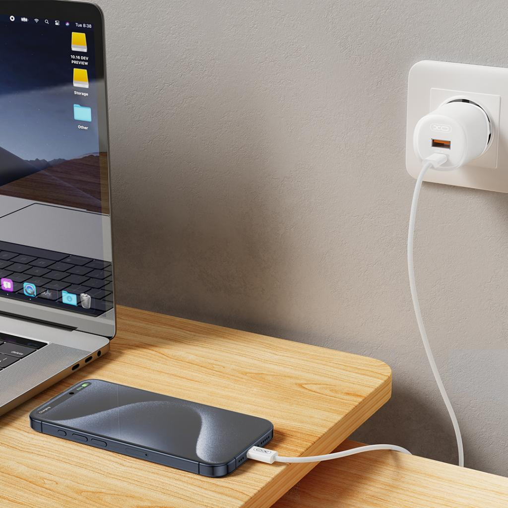 Nätverksladdare med USB-C-kabel XO Design L151, 30W, 3A, 1 x USB-A - 1 x USB-C, Vit