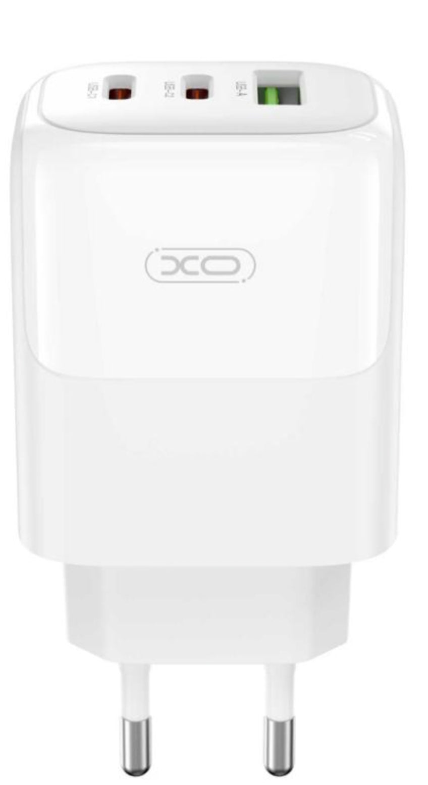 Nätverksladdare med USB-C-kabel XO Design L139, 65W, 4.5A, 1 x USB-A - 2 x USB-C, Vit
