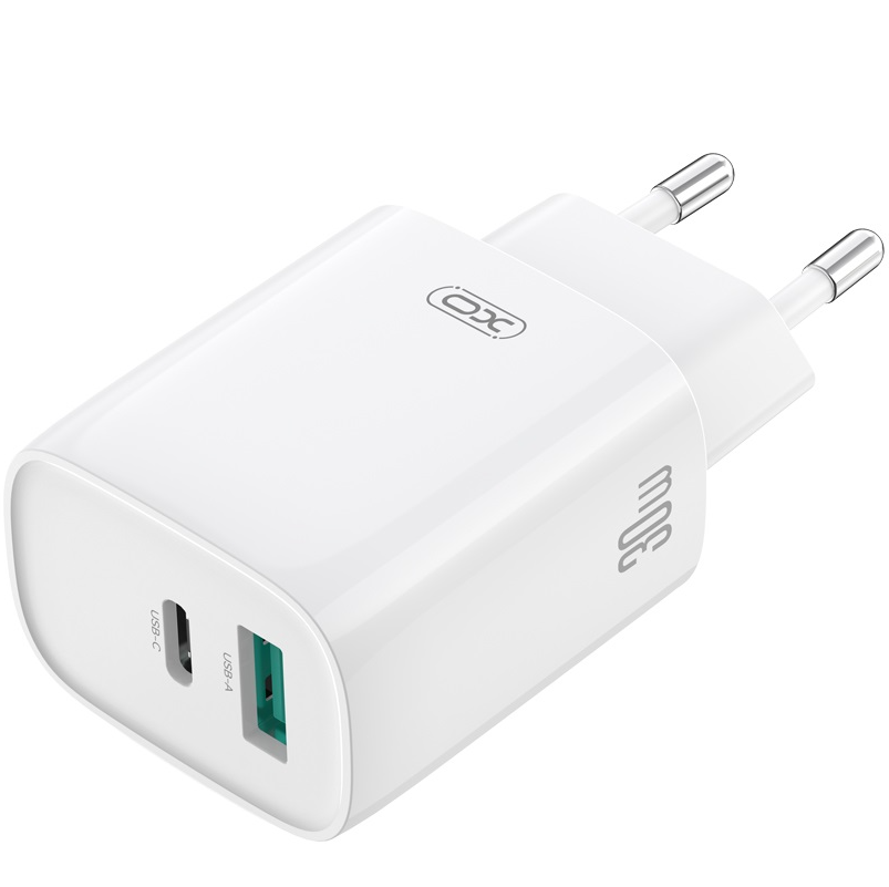 Nätverksladdare med Lightning-kabel XO Design CE30, 30W, 3A, 1 x USB-A - 1 x USB-C, Vit