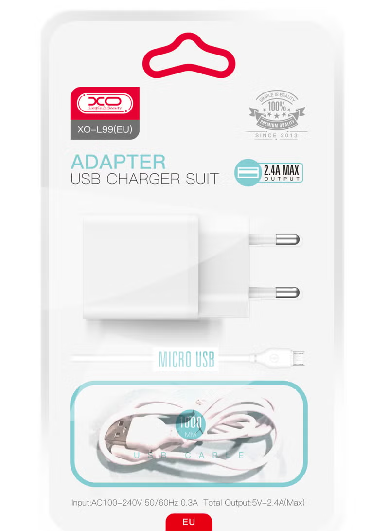 Nätverksladdare med microUSB-kabel XO Design L99, 12W, 2.4A, 1 x USB-A, Vit