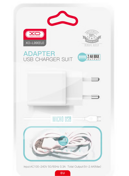 Nätverksladdare med microUSB-kabel XO Design L99, 12W, 2.4A, 1 x USB-A, Vit