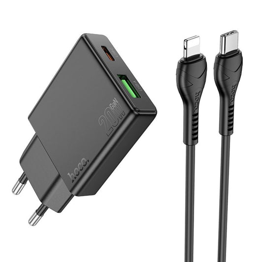 Nätverksladdare med Lightning-kabel HOCO N38, 20W, 3A, 1 x USB-A - 1 x USB-C, Svart