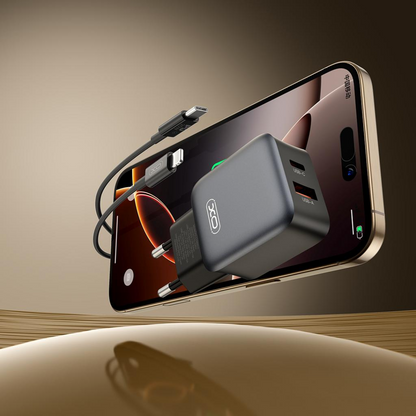 Nätverksladdare med Lightning-kabel XO Design L156, 30W, 3A, 1 x USB-A - 1 x USB-C, Svart