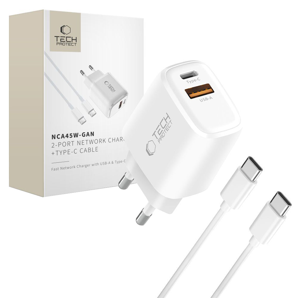 Nätverksladdare med USB-C-kabel Tech-Protect NCA45W, 45W, 3A, 1 x USB-A - 1 x USB-C, Vit