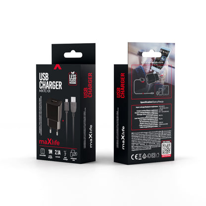 Nätverksladdare med microUSB-kabel MaXlife MXTC-01, 10.5W, 2.1A, 1 x USB-A, Svart