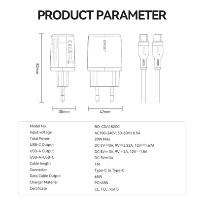 Network Charger with USB-C Cable BWOO CDA182, 38W, 3A, 1 x USB-A - 1 x USB-C, White