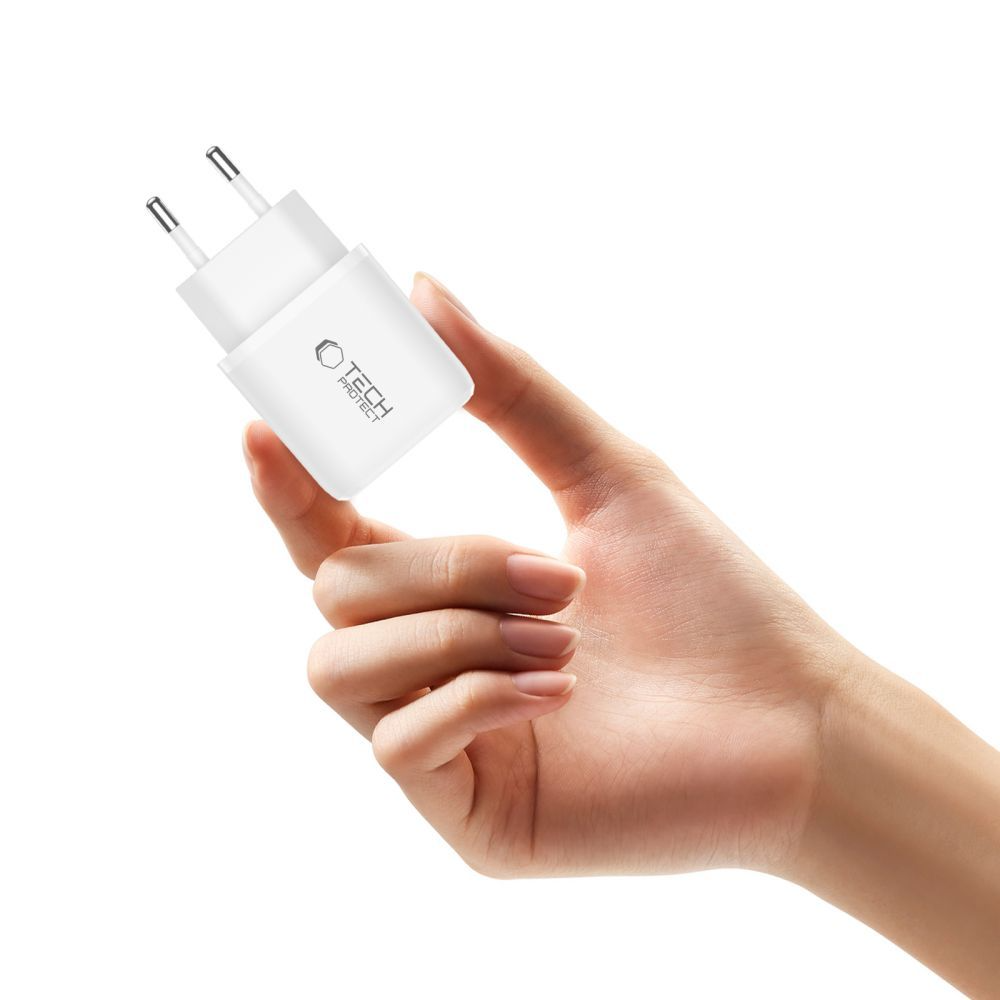 Nätadapter med Lightning-kabel Tech-Protect NCA20, 20W, 3A, 1 x USB-A - 1 x USB-C, Vit