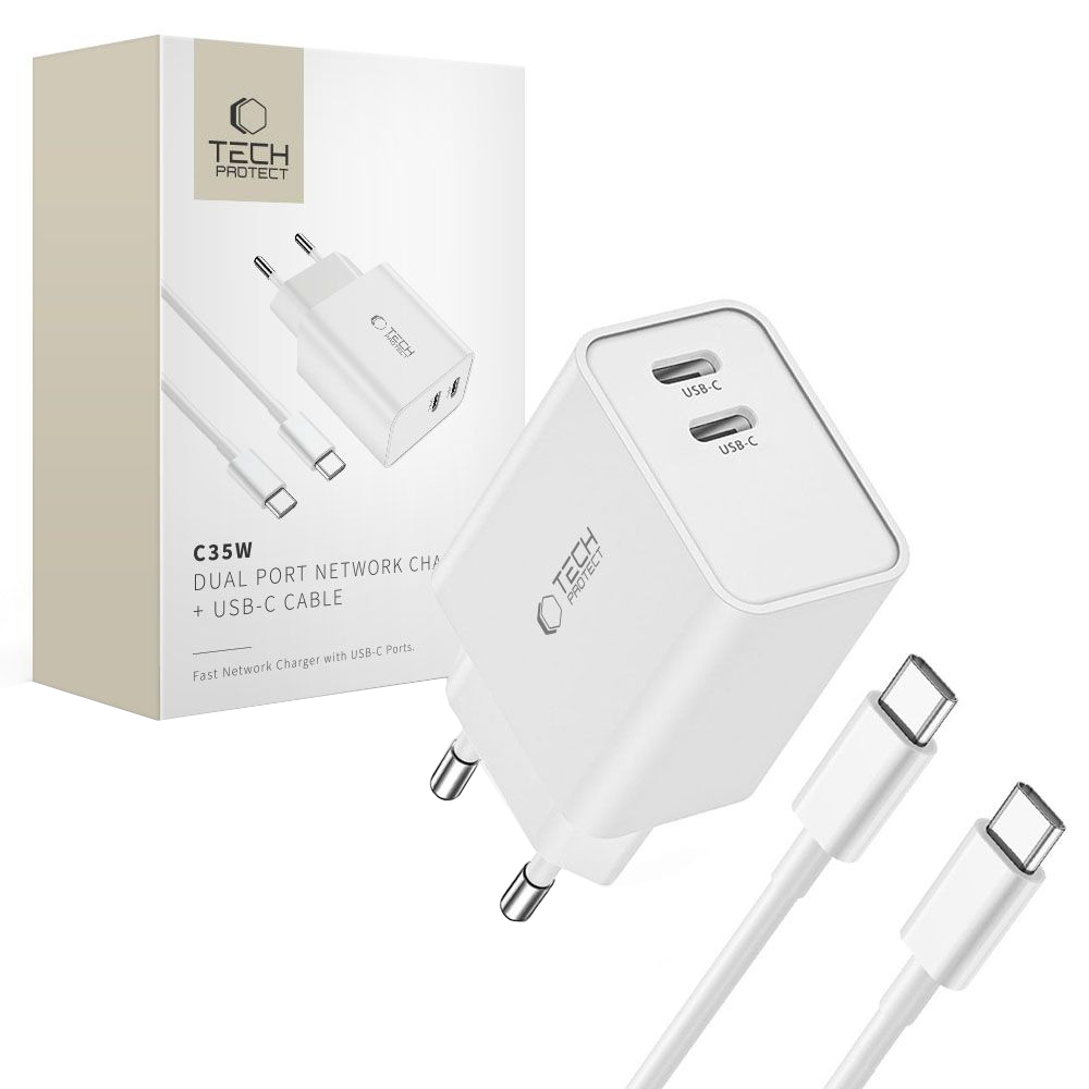 Nätadapter med USB-C-kabel Tech-Protect C35W, 35W, 3A, 2 x USB-C, Vit
