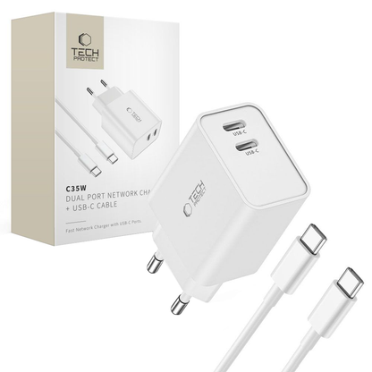 Nätadapter med USB-C-kabel Tech-Protect C35W, 35W, 3A, 2 x USB-C, Vit