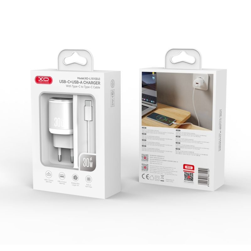 Nätverksladdare med USB-C-kabel XO Design L151, 30W, 3A, 1 x USB-A - 1 x USB-C, Vit