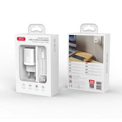 Nätverksladdare med USB-C-kabel XO Design L151, 30W, 3A, 1 x USB-A - 1 x USB-C, Vit