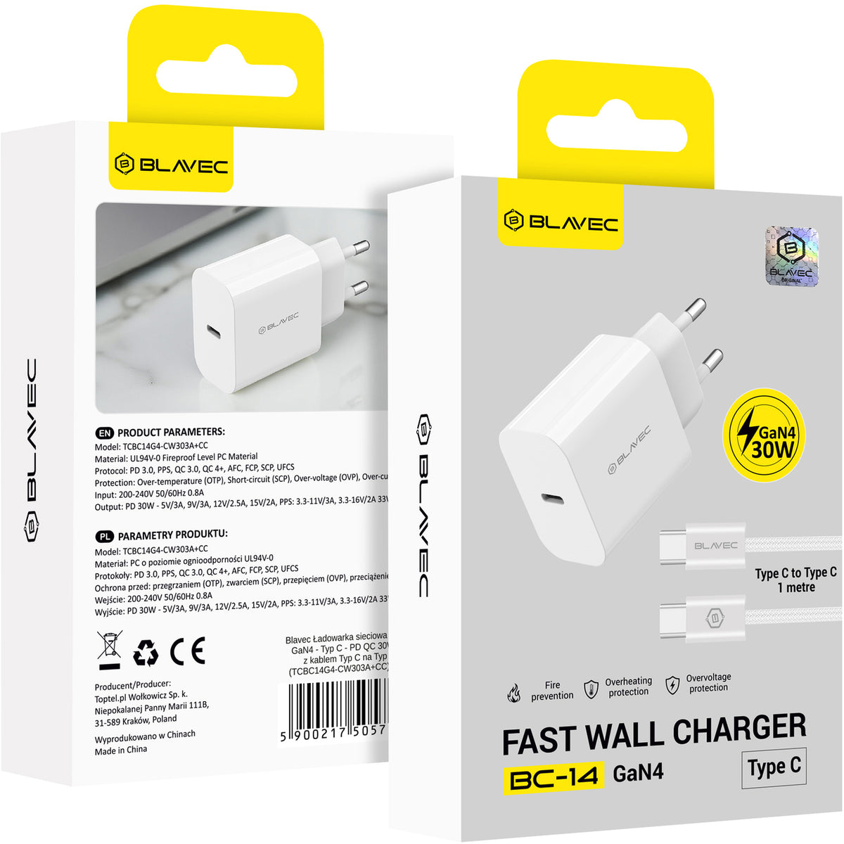 Blavec BC-14 väggladdare med USB-C-kabel, 30 W, 3 A, 1 × USB-C, vit