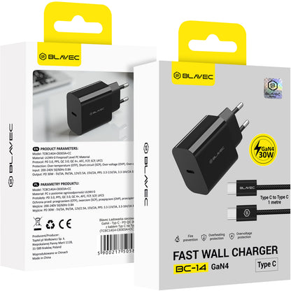 Blavec BC-14 USB-C-väggladdare med kabel, 30 W, 3 A, 1 × USB-C, svart
