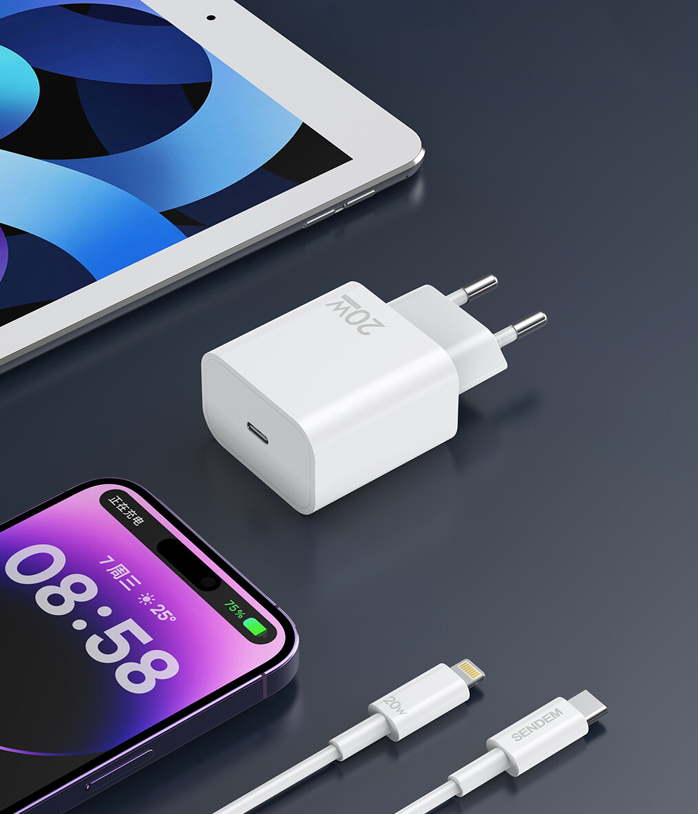 Nätadapter med USB-C-kabel Sendem OG73, 20W, 3A, 1 x USB-C, Vit