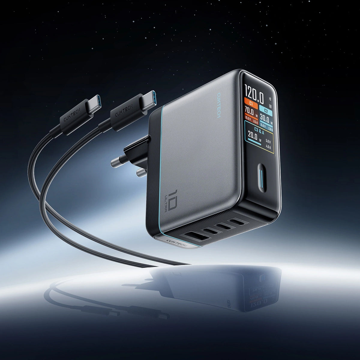 Nätadapter med USB-C-kabel Cuktech AD1204U Display, 120W, 6A, 1 x USB-A - 2 x USB-C, Silver