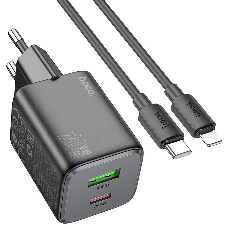 Network Charger with Lightning Cable HOCO N41, 20W, 3A, 1 x USB-A - 1 x USB-C, Black