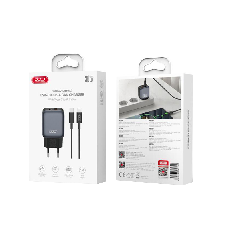 Nätverksladdare med Lightning-kabel XO Design L156, 30W, 3A, 1 x USB-A - 1 x USB-C, Svart