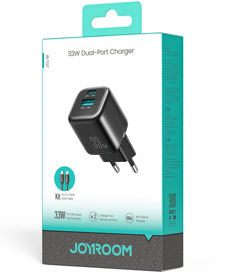Nätadapter med USB-C-kabel Joyroom JR-TG7, 33W, 3A, 1 x USB-A - 1 x USB-C, Svart