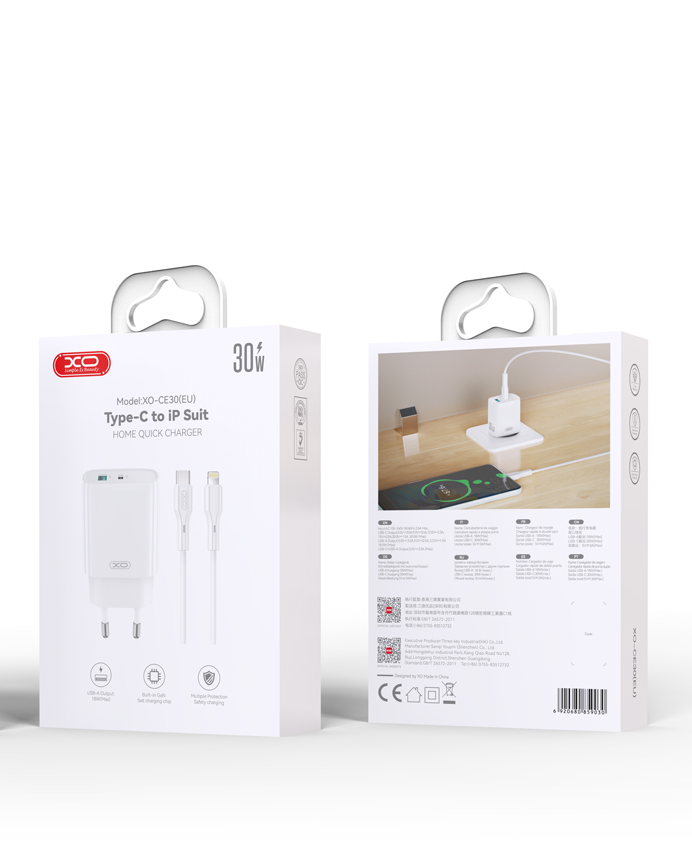 Nätverksladdare med Lightning-kabel XO Design CE30, 30W, 3A, 1 x USB-A - 1 x USB-C, Vit