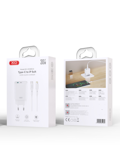 Nätverksladdare med Lightning-kabel XO Design CE30, 30W, 3A, 1 x USB-A - 1 x USB-C, Vit