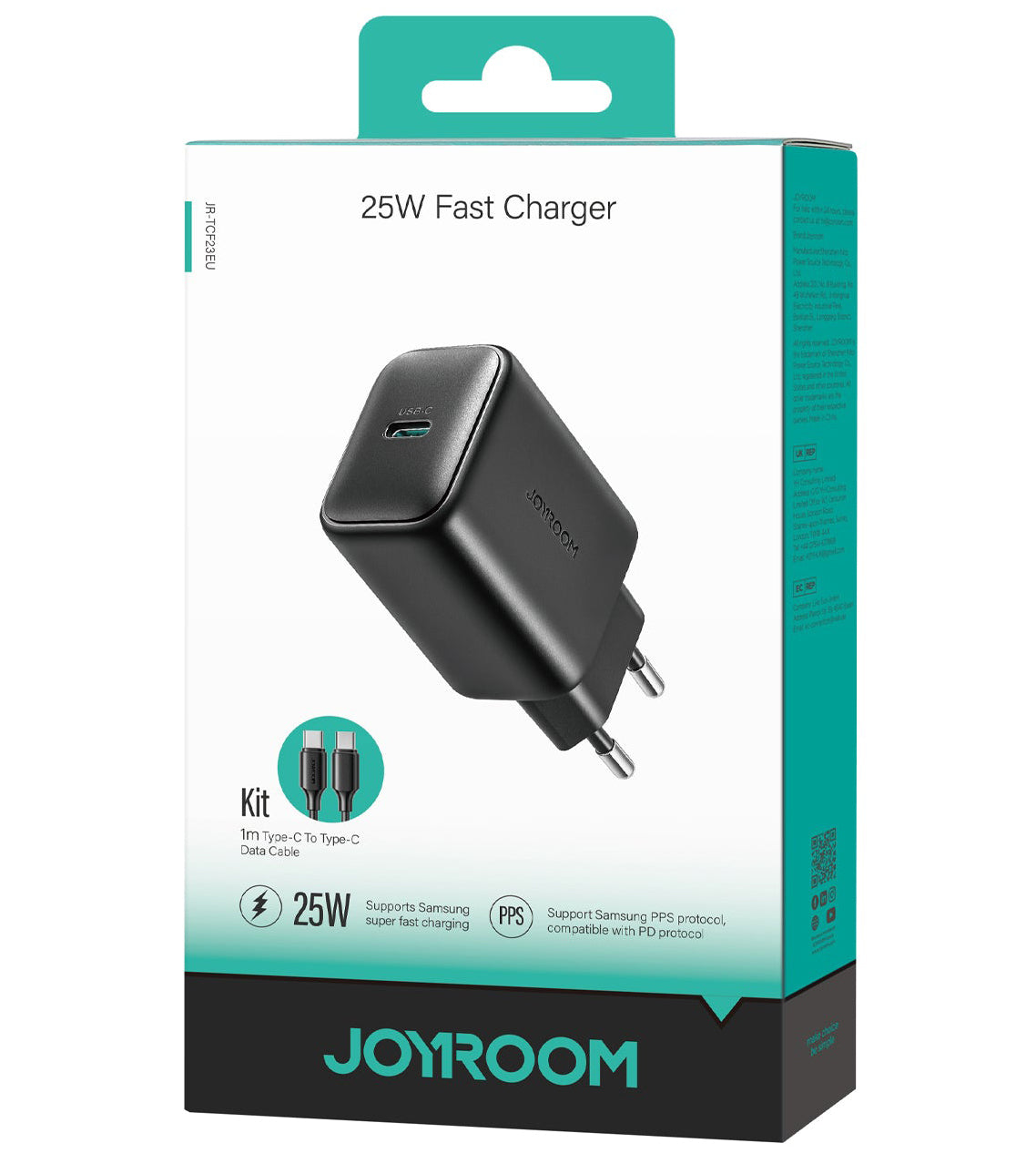 Nätverksladdare med USB-C-kabel Joyroom JR-TCF23, 25W, 3A, 1 x USB-C, Svart