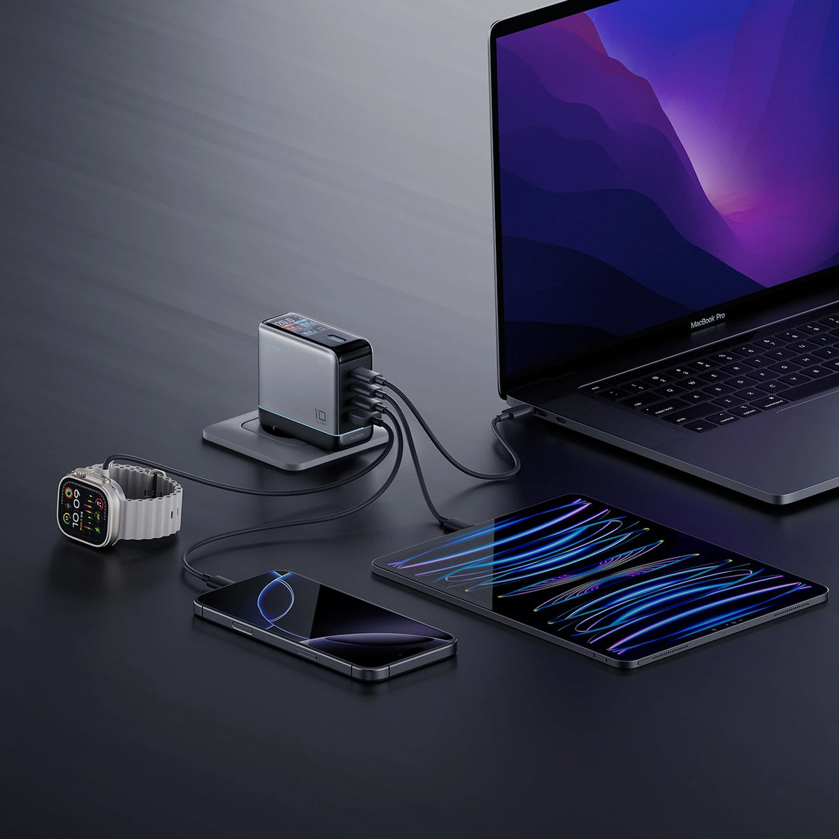 Nätadapter med USB-C-kabel Cuktech AD1204U Display, 120W, 6A, 1 x USB-A - 2 x USB-C, Silver