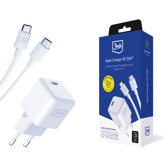 Nätverksladdare med USB-C-kabel 3MK Hyper, 25W, 3A, 1 x USB-C, Vit